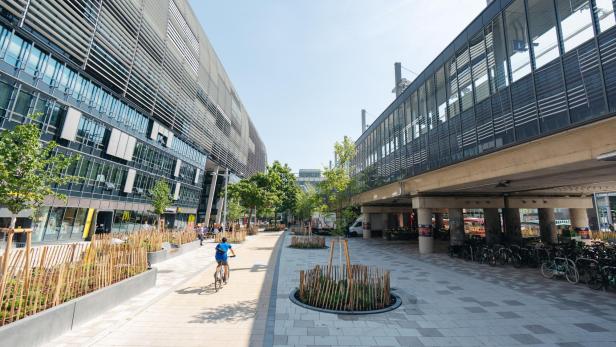 Der neugestaltete Radweg beim Bahnhof Wien Handelskai