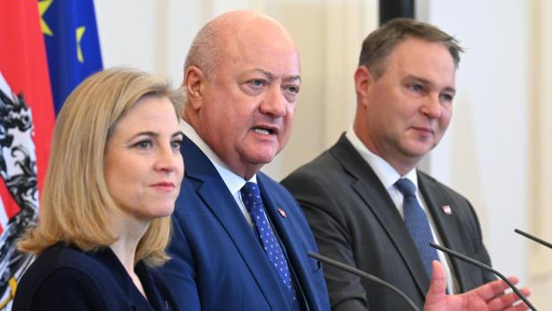 Drei Personen im Anzug stehen nebeneinander an Mikrofonen und sprechen, im Hintergrund sind Fahnen sichtbar.