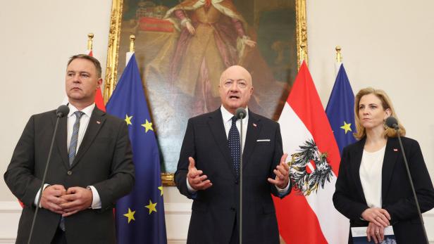 Austrian Chancellor Stocker, Vice-Chancellor Babler and Foreign Minister Meinl-Reisinger attend a press conference in Vienna