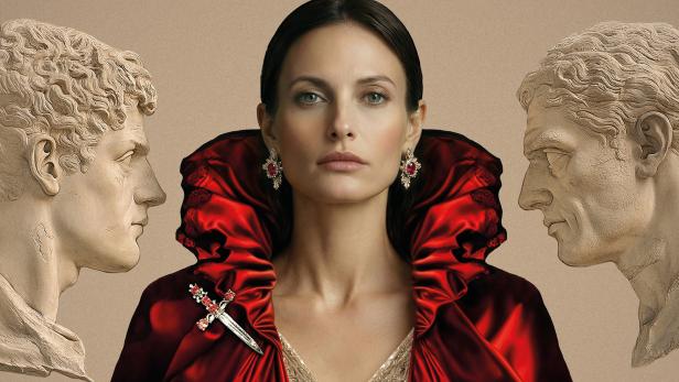 Eine Frau in opulentem roten Kostüm mit Schmuck steht zwischen zwei römischen Büsten, inspiriert von der Neuinszenierung der Oper "Tosca" im Steinbruch St. Margarethen.