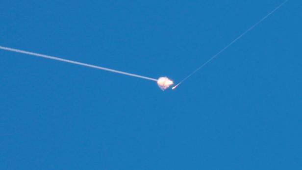 Israeli anti-air defence system interceptors, after missiles were launched towards Israel from Iran, as seen from Ramallah