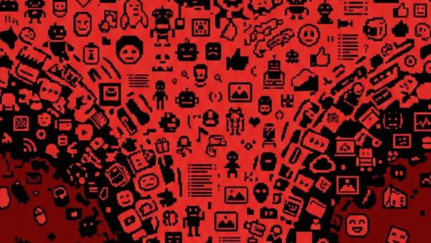 Eine schwarze Silhouette steht vor einem Wirbel aus vielen kleinen Symbolen und Icons auf rotem Hintergrund.
