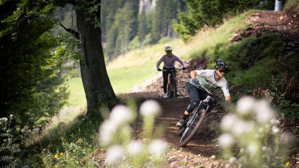 Zwei Mountainbiker fahren auf einem Waldweg, der vordere trägt Helm und Schutzkleidung, im Vordergrund unscharfe Blüten.