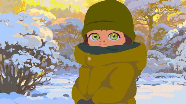 Animation von einem Mädchen mit Winterhaube im Schnee.
