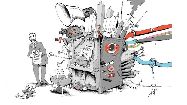 Eine Karikatur zeigt eine komplexe Orgel mit ORF-Symbolen, die von einem Mann mit APA-Notenblatt bedient wird, während FPÖ- und ÖVP-Bezüge sichtbar sind.