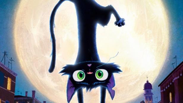Animierte Katze hängt kopfüber vor einem riesigen Mond und blickt verblüfft