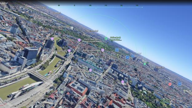 simulierte Flugzeugansicht über dem Donaukanal in Wien