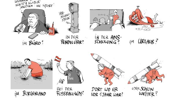 Karikatur mit mehreren Szenen zu einem roten SPÖ-Politiker in unterschiedlichen möglichen Rollen wie Büro, Pendeluhr, AMS-Schulung, Urlaub und Fußball-WM.