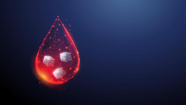 Abstract falling drop of blood with white cubes of sugar. Diabetes symbol type1, 2.