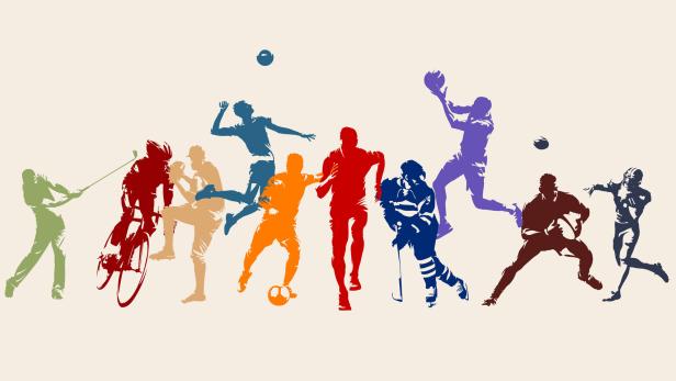 Mehrere bunte Sportler-Silhouetten bei verschiedenen Disziplinen auf hellem Hintergrund.