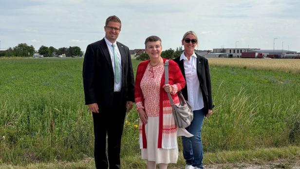 Ein Mann und zwei Frauen stehen vor einem Feld