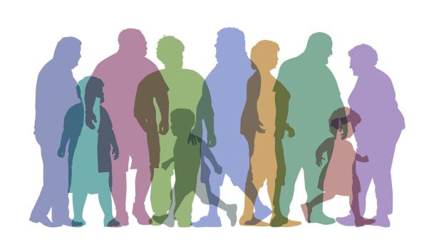 Mehrere farbige Silhouetten von Erwachsenen und Kindern stehen und gehen vor weißem Hintergrund.