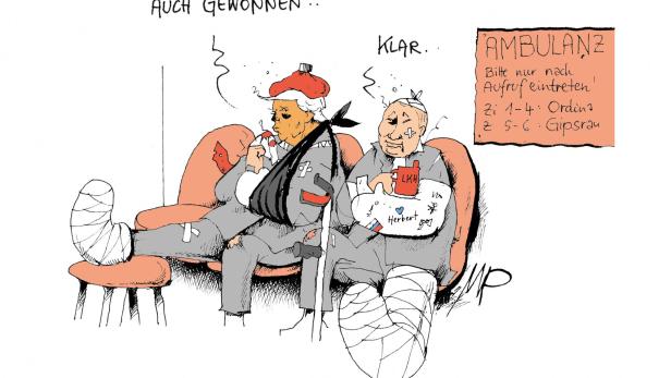 Karikatur von zwei verletzten Männern in einer Ambulanz mit Verband und Krücken.