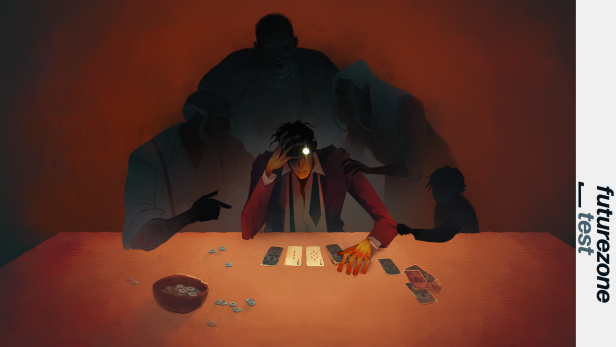 Illustration eines nachdenklichen Spielers am Tisch, umgeben von schemenhaften Figuren.