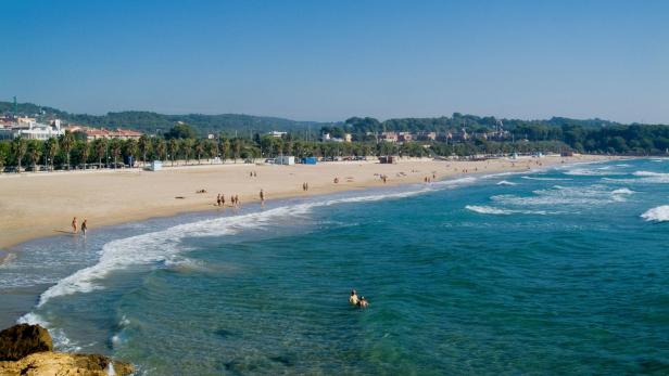 Ein sonniger Sandstrand mit Palmen und Menschen am türkisfarbenen Meer unter klarem blauem Himmel.