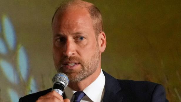 Prinz William spricht in einem dunklen Anzug mit Krawatte in ein Mikrofon und gestikuliert dabei.
