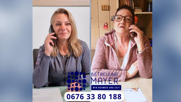 Zwei Frauen führen jeweils ein Telefongespräch – links in einem Büro, rechts in einer Wohnumgebung.