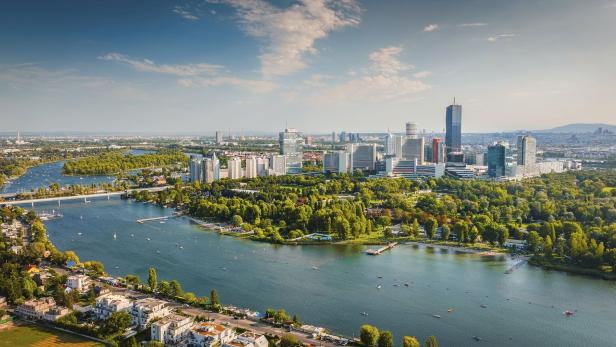 Aerial View of Vienna¸Äôs Modern Skyline and Danube River
