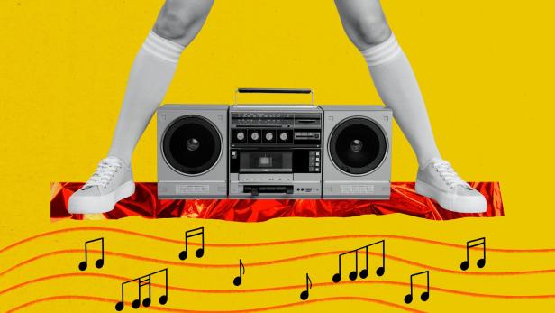 Creative image collage woman legs body fragment feet audio player boombox melody listen playlist album party entertainment