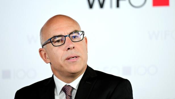 Ein Mann mit Brille und Anzug spricht vor einem Hintergrund mit dem WIFO-Logo.