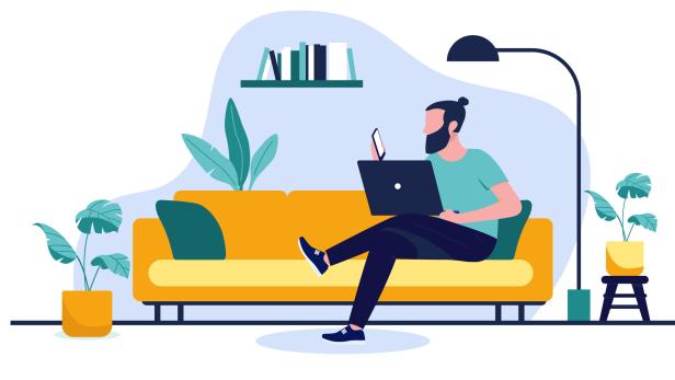 Illustration eines Mannes mit Laptop auf einem Sofa zwischen Zimmerpflanzen.