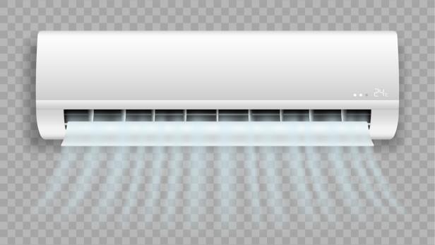 Air conditioner handing on wall blowing fresh wind realistic icon. Split system for climate control