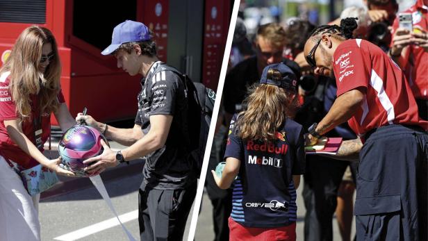 Kimi Antonelli und Lewis Hamilton geben im Fahrerlager Autogramme