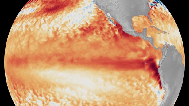 Satellitenbild vom Pazifik, warme Strömungen in rot