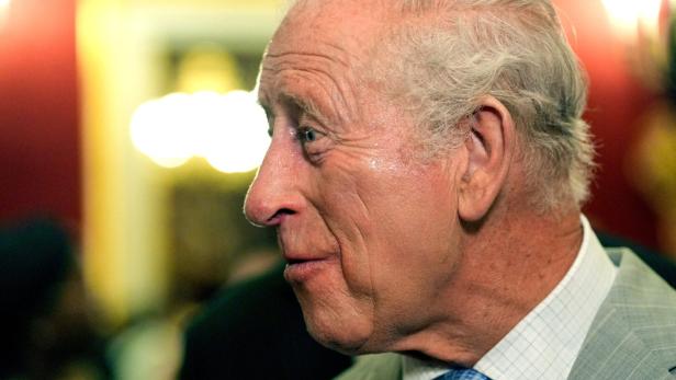 König Charles III. im Profil vor einem roten Hintergrund.