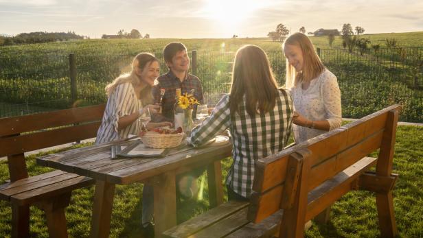 Vier Personen sitzen an einem Holztisch mit Bänken im Freien bei Sonnenuntergang auf einer Wiese.