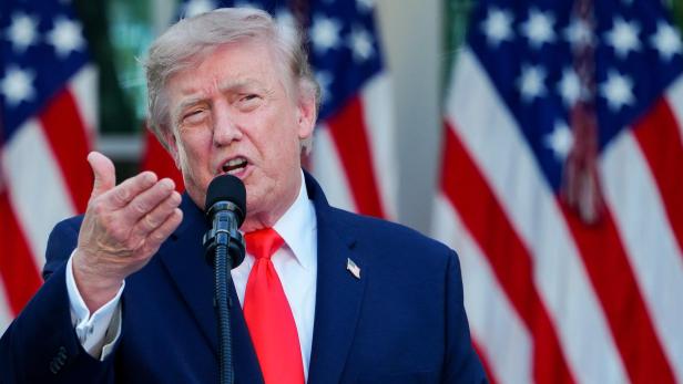 Donald Trump spricht vor US-Flaggen in ein Mikrofon und gestikuliert mit der Hand.