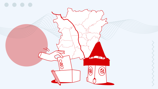 Illustration des Grazer Uhrturms, einer Karte von den Grazer Bezirken und einer Hand, die einen Stimmzettel in einen Wahlurne einwirft.