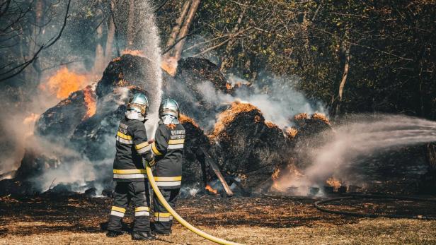 Feuerwehrleute löschen einen brennenden Stroh- und Vegetationshaufen im Wald bei Kaisersdorf.