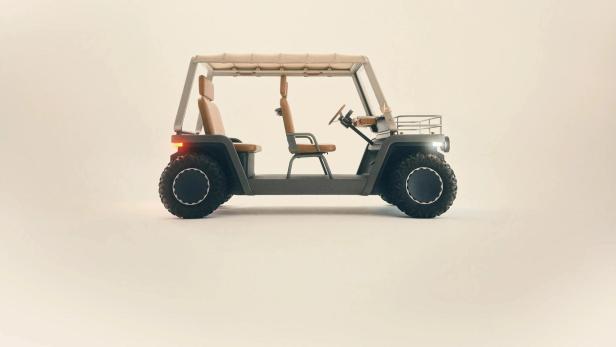 Grüner Elektrobuggy vor beschem Hintergrund
