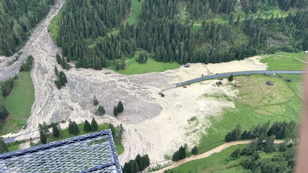 Eine Mure hat sich aus einem bewaldeten Berghang gelöst und eine Schlammlawine über eine Wiese und eine Straße in ein Tal gewälzt.