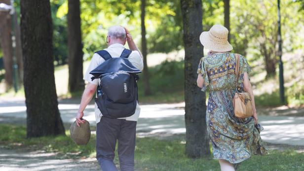 Älteres Paar spaziert mit Hüten und Rucksäcken einen sonnigen Waldweg entlang.