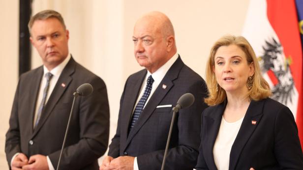 Austrian Chancellor Stocker, Vice-Chancellor Babler and Foreign Minister Meinl-Reisinger attend a press conference in Vienna