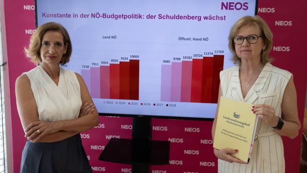 NEOS-Politikerinnen vor einer Grafik zum wachsenden Schuldenberg in Niederösterreich.