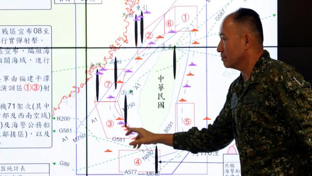 FILE PHOTO: Taiwan's defence ministry press conference about Chinas military drills around Taiwan in Taipei