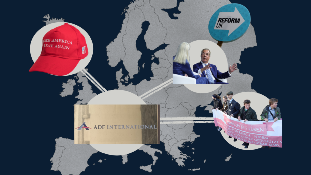 Fotocollage: Man sieht das ADF International Logo, einen MAGA-Hut, Nigel Farage und einen Protestzug mit einem "Marsch-fürs-Leben"-Banner vor einer Europa-Karte.