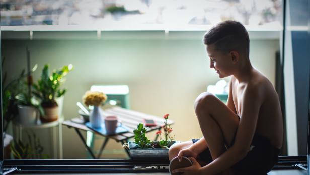 Boy Finds Joy Sitting by the Window.
