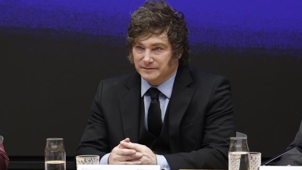 Javier Milei sitzt in einem dunklen Anzug mit Krawatte an einem Tisch vor einem blauen Hintergrund.