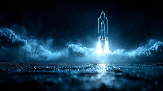 Illustration eines startenden Space Shuttles vor dunklem Himmel.