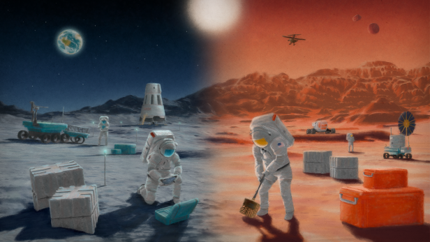 Zwei Astronauten arbeiten auf einer Station. Das Bild ist zweigeteilt, rechts sieht man eine Marsbasis, links eine Mondbasis