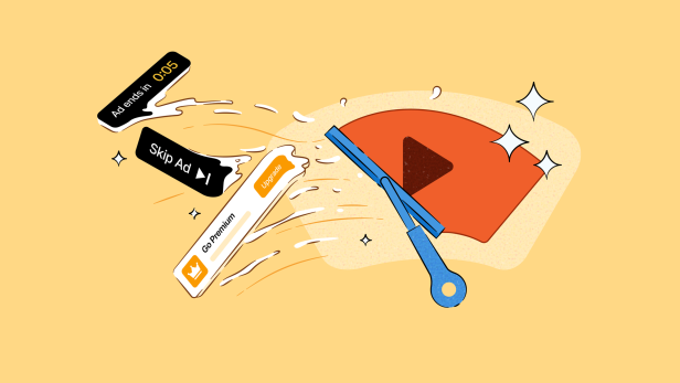 Ein Scheibenwischer säubert ein Youtube-Logo, Blaken mit der Aufschrift "Werbung" werden davon weggeschleudert