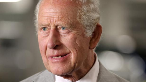 König Charles III. trägt einen grauen Anzug mit einem hellblauen gemusterten Schlips und einem passenden Einstecktuch.