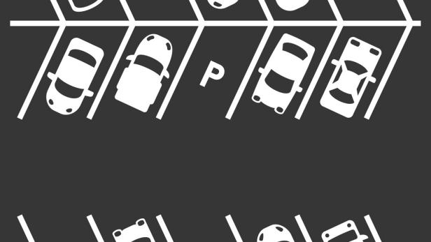 Gezeichnetes Bild eines Parkplatzes, wobei auf einigen Stellplätzen Autos stehen, auf anderen nicht
