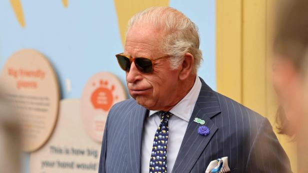 König Charles III. trägt einen gestreiften Anzug, eine Krawatte mit Elefantenmuster und eine Sonnenbrille vor einer bunten Wand.
