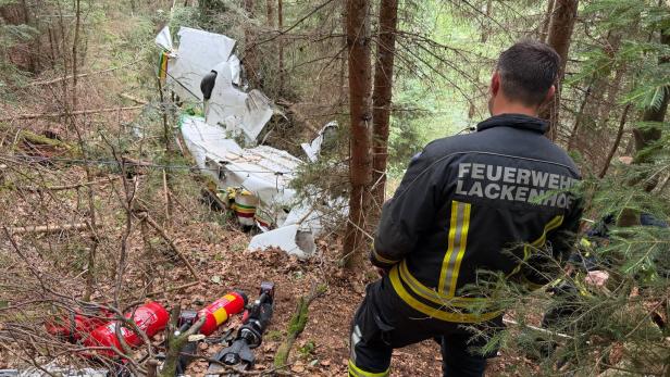 Das Wrack der zerschellten Piper 28 im Wald.