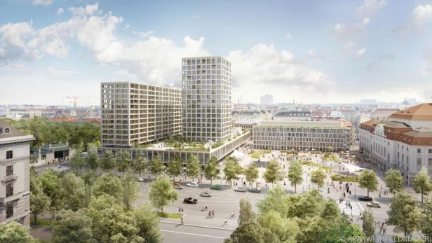 Architektonische Visualisierung eines modernen Gebäudekomplexes mit Hochhaus und begrüntem Vorplatz in einer städtischen Umgebung.